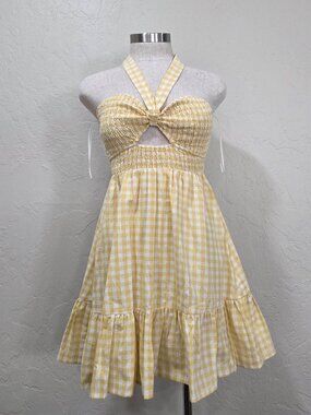 Yellow And White Gingham Print Smocked Mini Halter Dress
